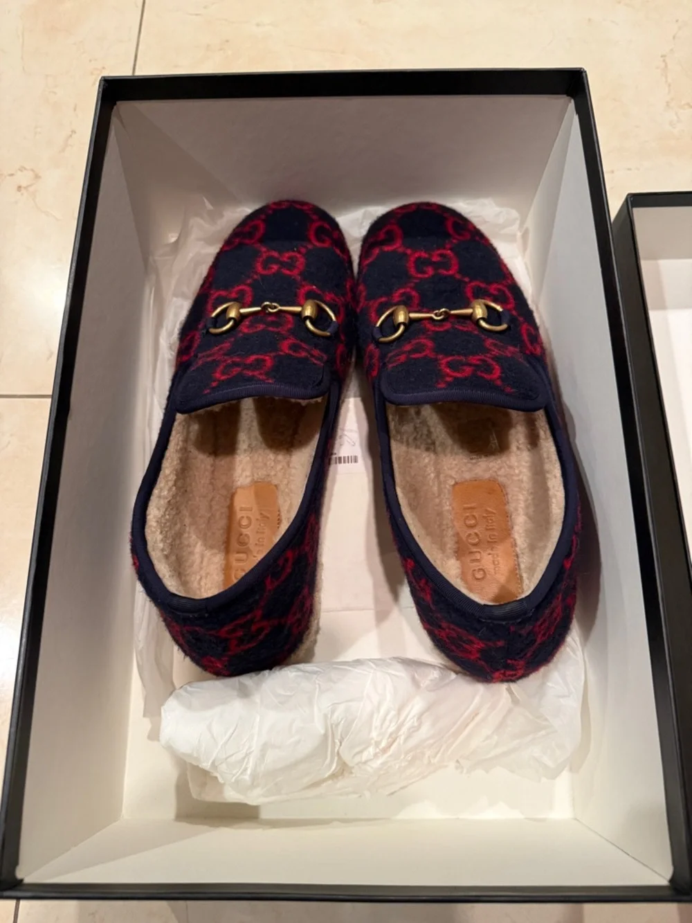 Gucci Navy Wool Slip-On Mule with Red GG Pattern and Gold Horsebit Size 7 UK - Picture 4 of 8